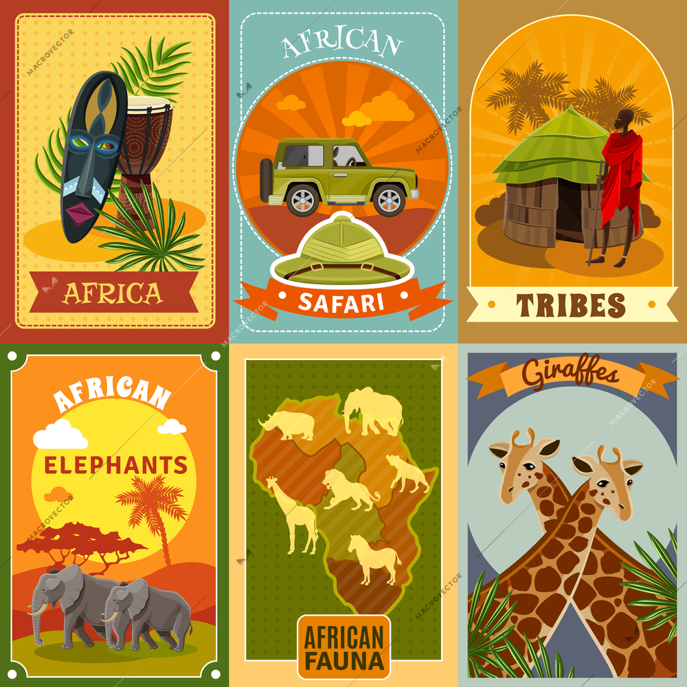 African safari cartoon posters set with tribes and fauna symbols isolated vector illustration