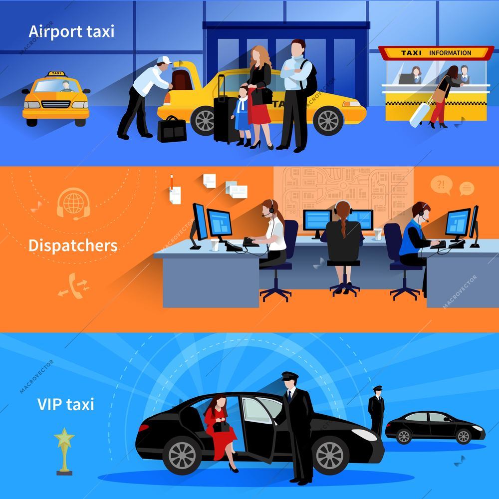 Set of 3 horizontal banners presenting airport taxi dispatchers and vip taxi flat vector illustration