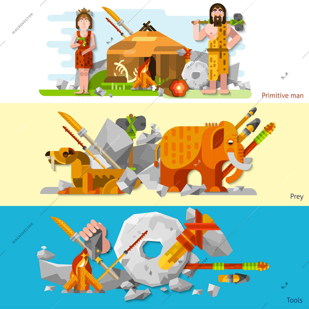 Prehistoric stone age caveman banners in cartoon style with man and woman in animal skin labor tools weapon and prey flat vector illustration