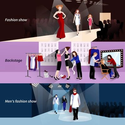 Fashion model horizontal banner set with flat show backstage elements isolated vector illustration