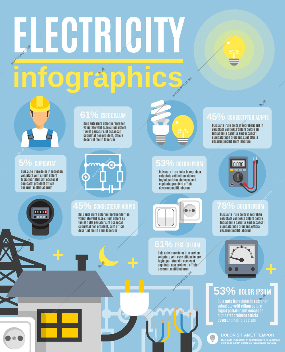 Electricity infographic set with light and power symbols flat vector illustration