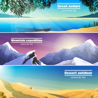 Great nature travel landscape 3 flat banners set with desert mountains and lake abstract isolated vector illustration