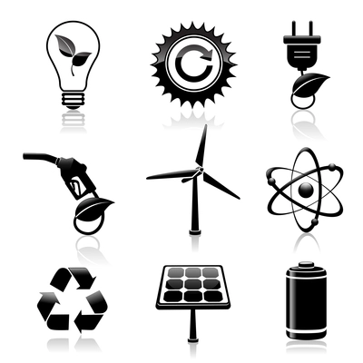 Black energy and ecology icons set with light bulb gas station and solar battery decorative elements isolated vector illustration