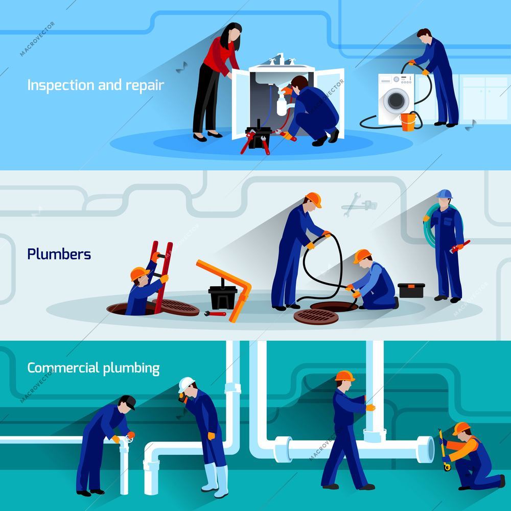 Plumber horizontal banner set with water pipes inspection and repair flat elements isolated vector illustration