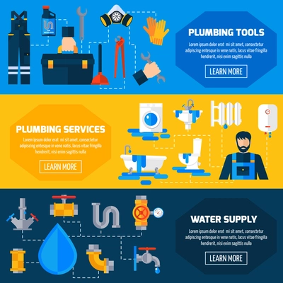 Plumbing sanitary repair installation maintenance and leakage fixing service information 3 flat horizontal banners set abstract vector illustration