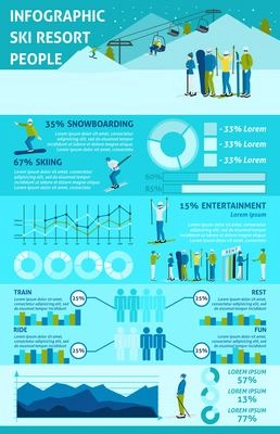 Active winter rest infographics with skiing and snowboarding in mountains statistic set vector illustration