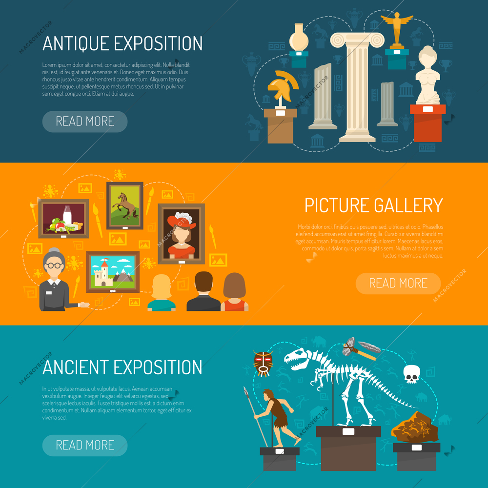 Museum horizontal banner set with exhibits of archaeological finds and antique expositions and picture gallery flat vector illustration