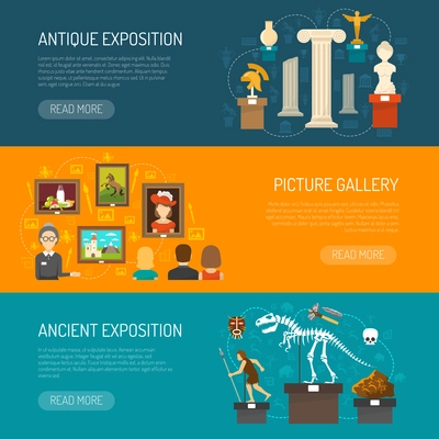 Museum horizontal banner set with exhibits of archaeological finds and antique expositions and picture gallery flat vector illustration