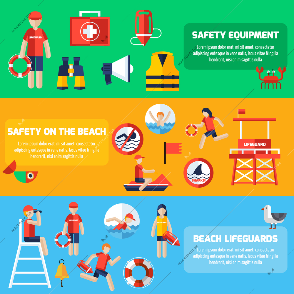 Beach lifeguards station service and safety equipment information 3 flat horizontal banners set abstract isolated vector illustration
