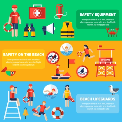 Beach lifeguards station service and safety equipment information 3 flat horizontal banners set abstract isolated vector illustration