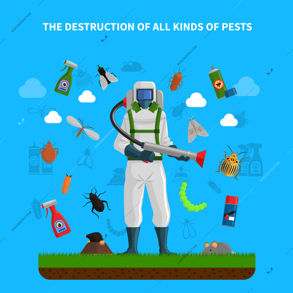 Pest control concept with insects exterminator silhouette flat vector illustration