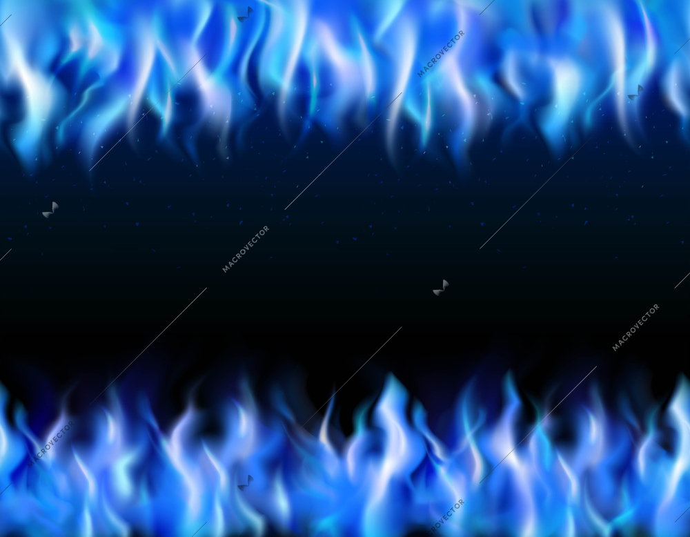 Blue fire tileable realistic borders on black background isolated vector illustration