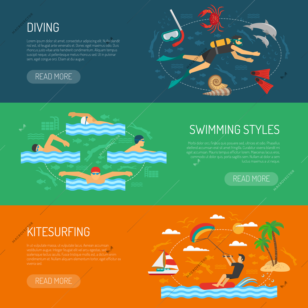 Water sport horizontal banners set of diving swimming styles and kite surfing compositions vector illustration