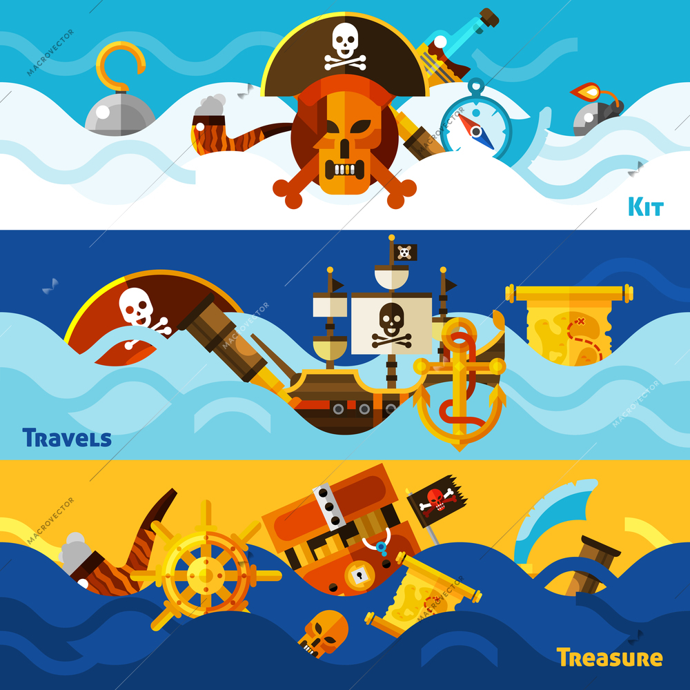 Pirates flat horizontal banners set with icons of kit for nautical travels sailboat with skull emblems in waves in cartoon style vector illustration