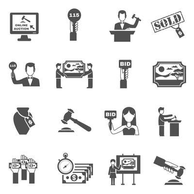 Auction black white icons set with bidding symbols flat isolated vector illustration