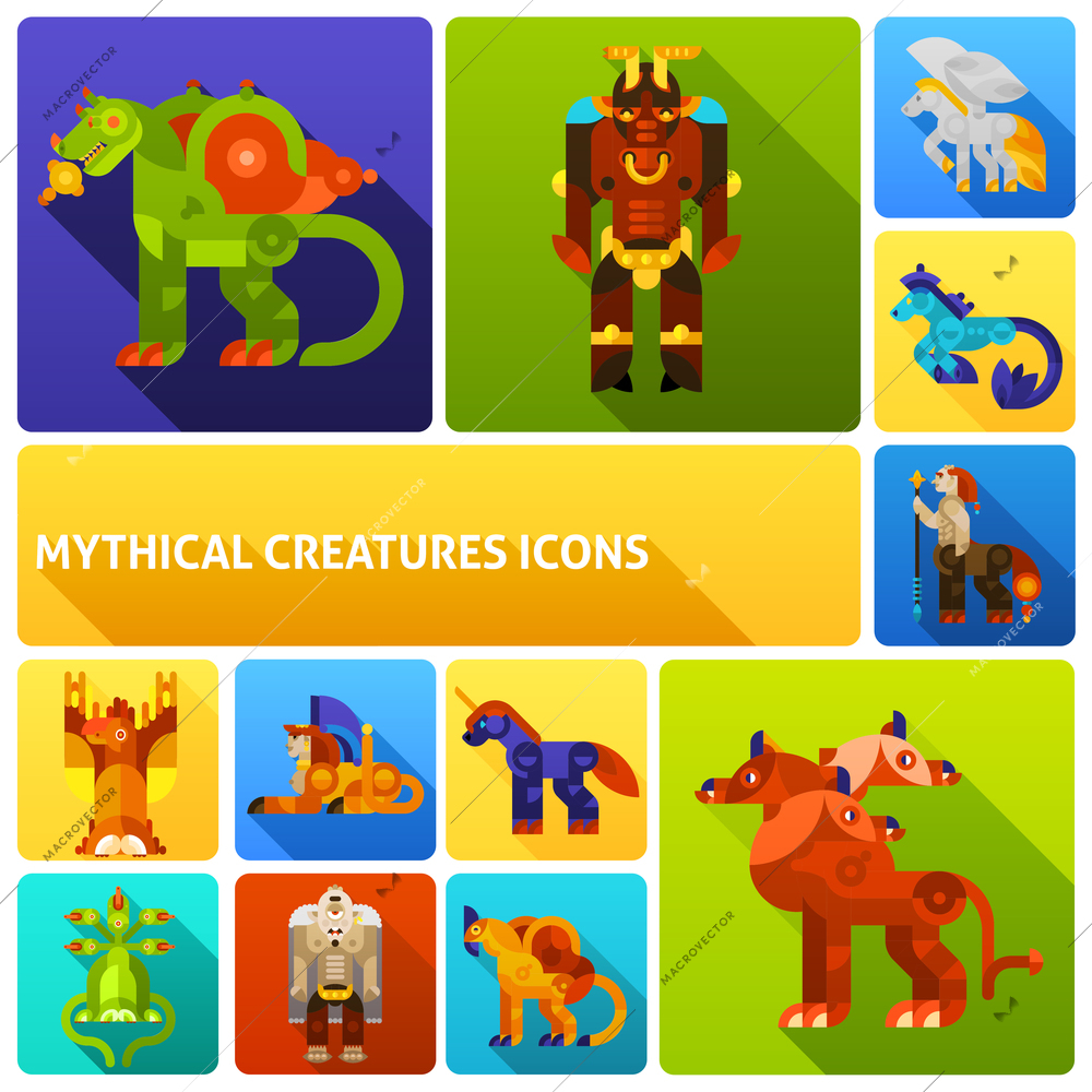 Mythical creatures flat long shadow icons set with ancient legends animals isolated vector illustration