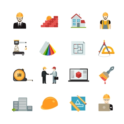 Architect icons flat set with house building equipment isolated vector illustration