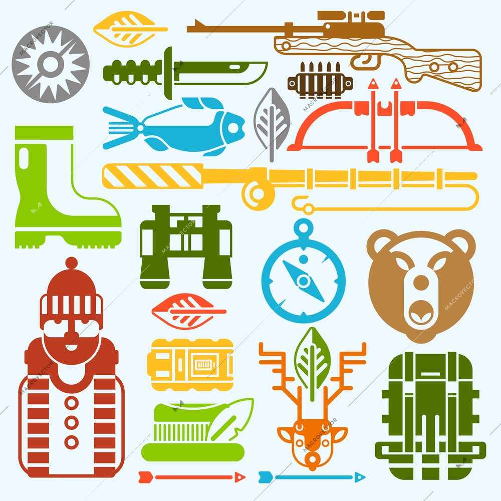 Hunting and fishing icons flat monochrome set with weapon and tackle isolated vector illustration