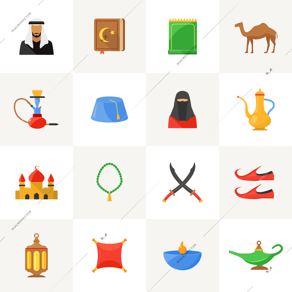 Arabic culture flat icons set with islamic symbols isolated vector illustration