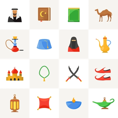 Arabic culture flat icons set with islamic symbols isolated vector illustration