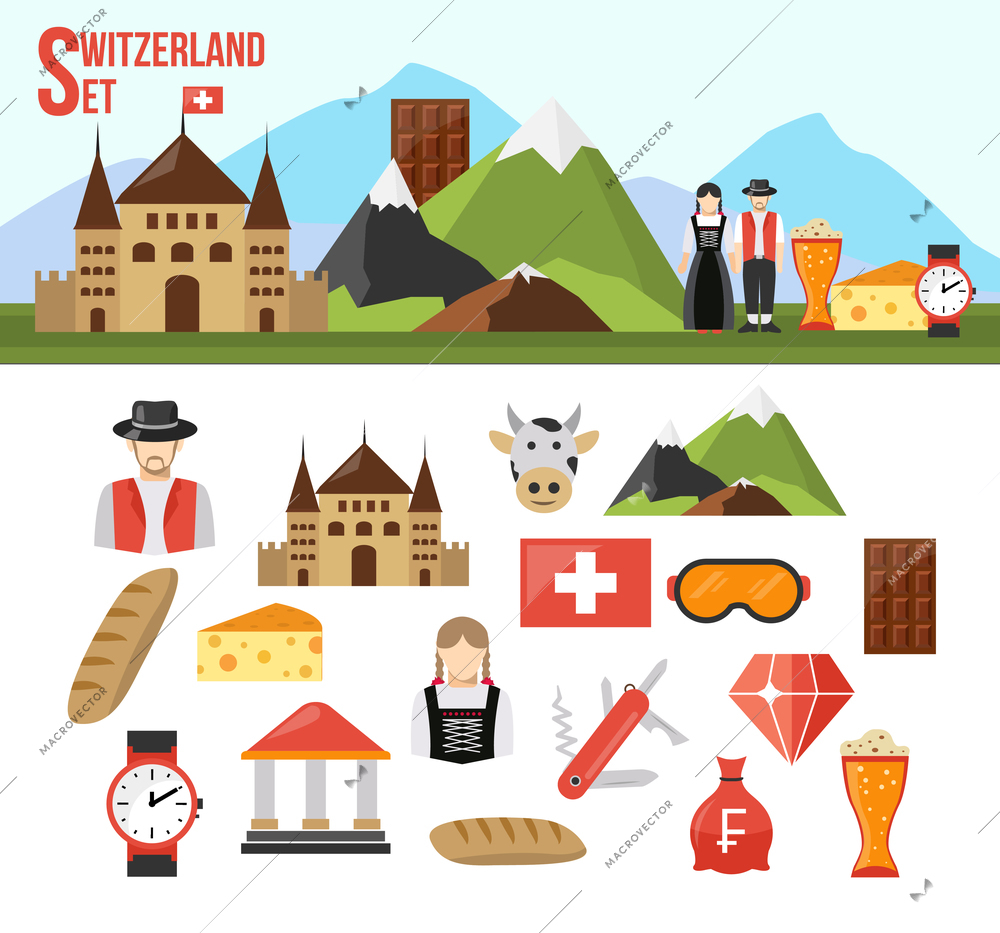 Switzerland symbols set with flat icons of food money and people isolated vector illustration