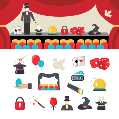 Magician icons flat set with magic show equipment isolated vector illustration