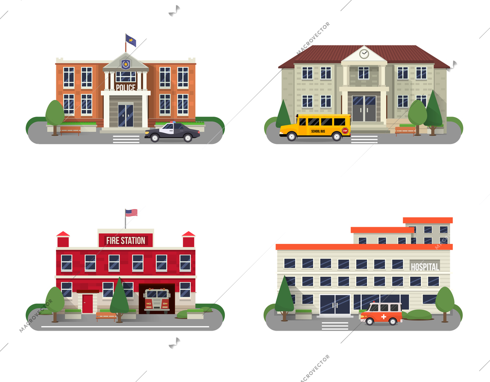 Municipal buildings icons set with police department fire station school and hospital isolated vector illustration
