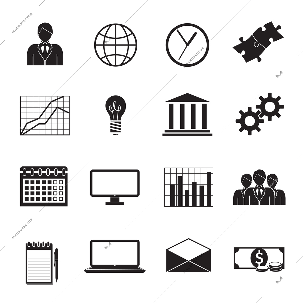 Business flat generic icons set of people teamwork charts graphs and finance isolated vector illustration