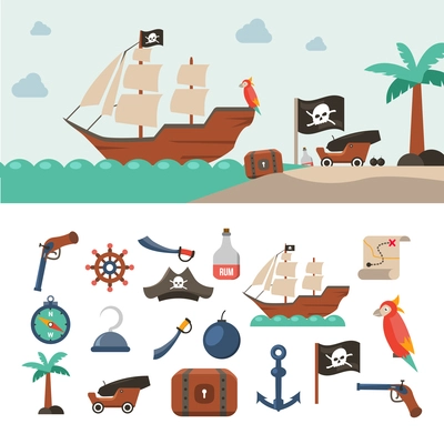 Pirate icons flat set with treasure chest sea map jolly roger flag isolated vector illustration