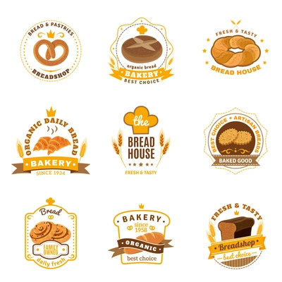 Family business traditional bakery emblems collection for daily fresh bread cookies and pastry abstract vector isolated illustration