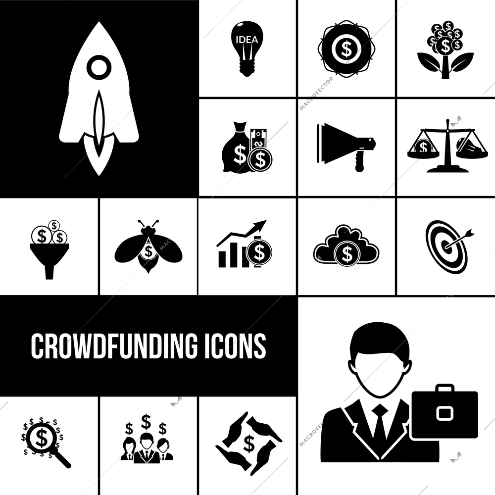 Crowdfunding icons black set with innovation startup financial support solution symbols isolated vector illustration