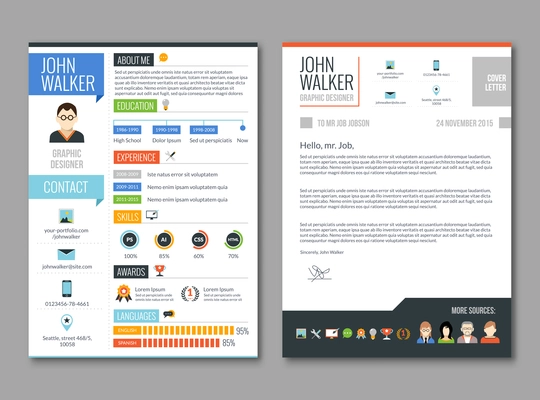 Two pages job candidate cv template with work experience resume vector illustration