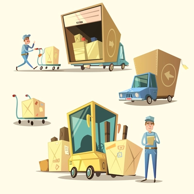 Warehouse concept set with retro cartoon shipping and delivery items isolated vector illustration