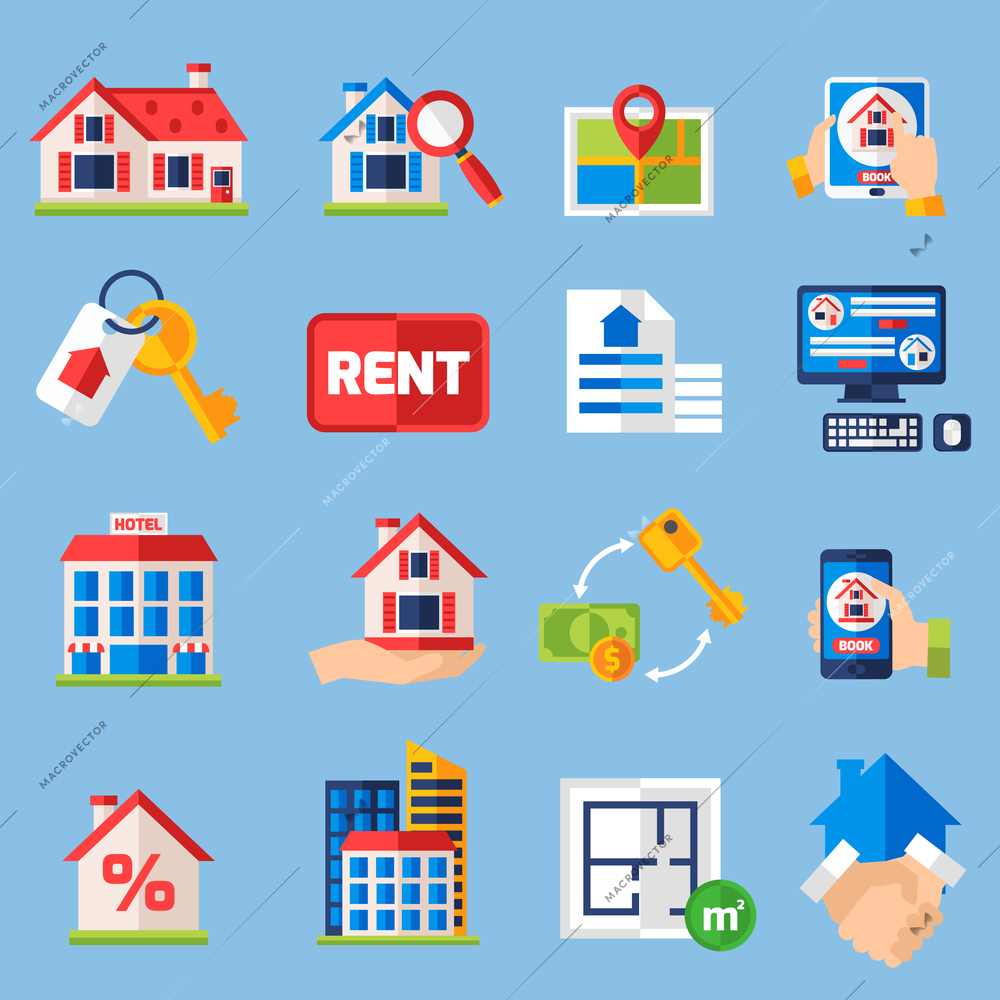 House rent and  and property tenancy icons set with real estate symbols isolated vector illustration