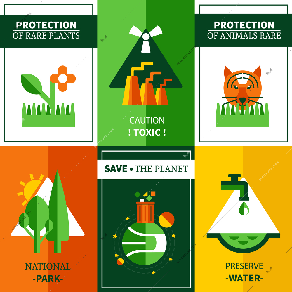 Six flat ecology posters set on theme  protection rare plants animals and national parks vector illustration