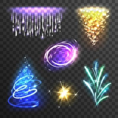 Realistic burst sparkle  and flash light effects set isolated on transparent background vector illustration