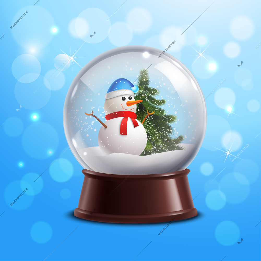 Snow globe on blue background with snowman and christmas tree inside vector illustration