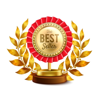 Best seller round gold medal and laurel wreath highest award single object realistic design vector illustration