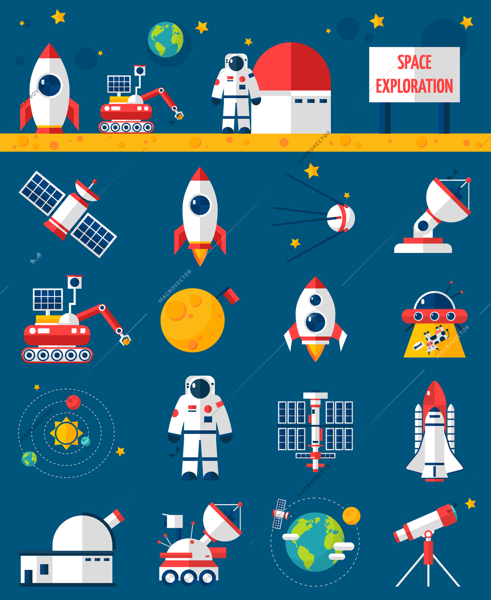 Universe cosmos flat icons collection with rocket cosmonaut and planet rover space exploration vehicle abstract isolated vector illustration