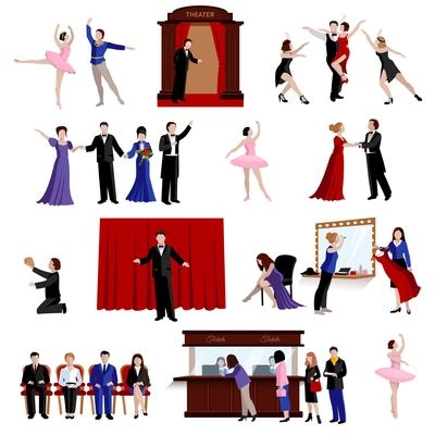 Flat images set of scenes with theater people from ballerina and actors to spectators isolated vector illustration