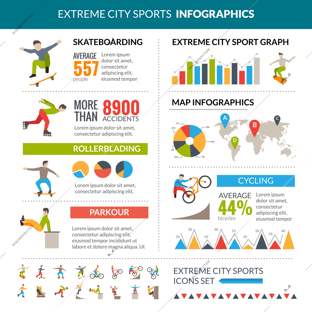 Extreme city sports infographics with skateboarding rollerblading cycling parkour statistics vector illustration