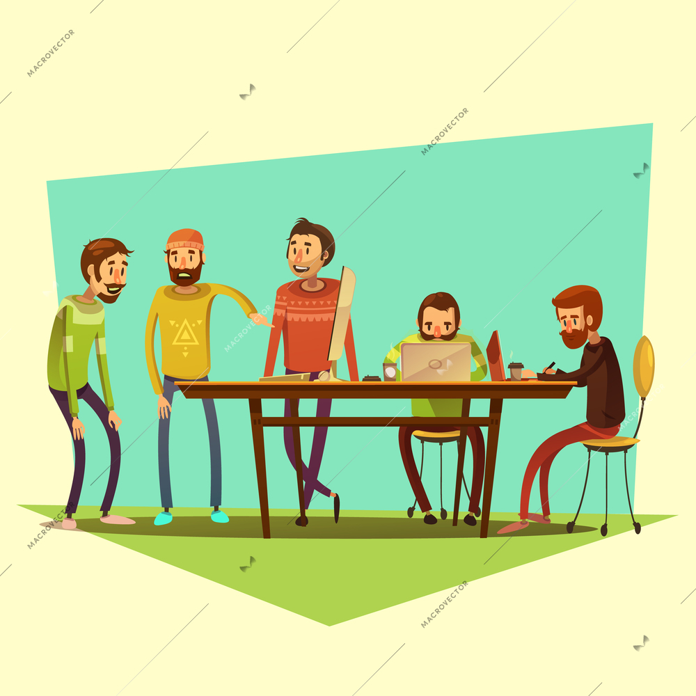 Coworking and people with laptop and coffee on yellow background cartoon vector illustration