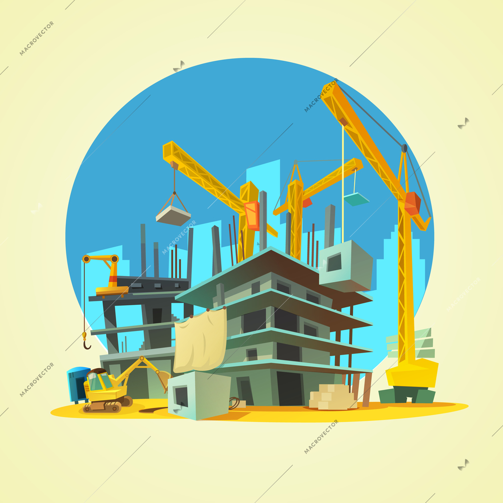 Construction with building crane and excavator on yellow background cartoon vector illustration