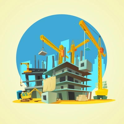 Construction with building crane and excavator on yellow background cartoon vector illustration