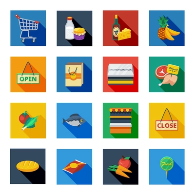 Supermarket flat shadow icons in isolated colorful squares with food products paper bag open and close signs vector illustration