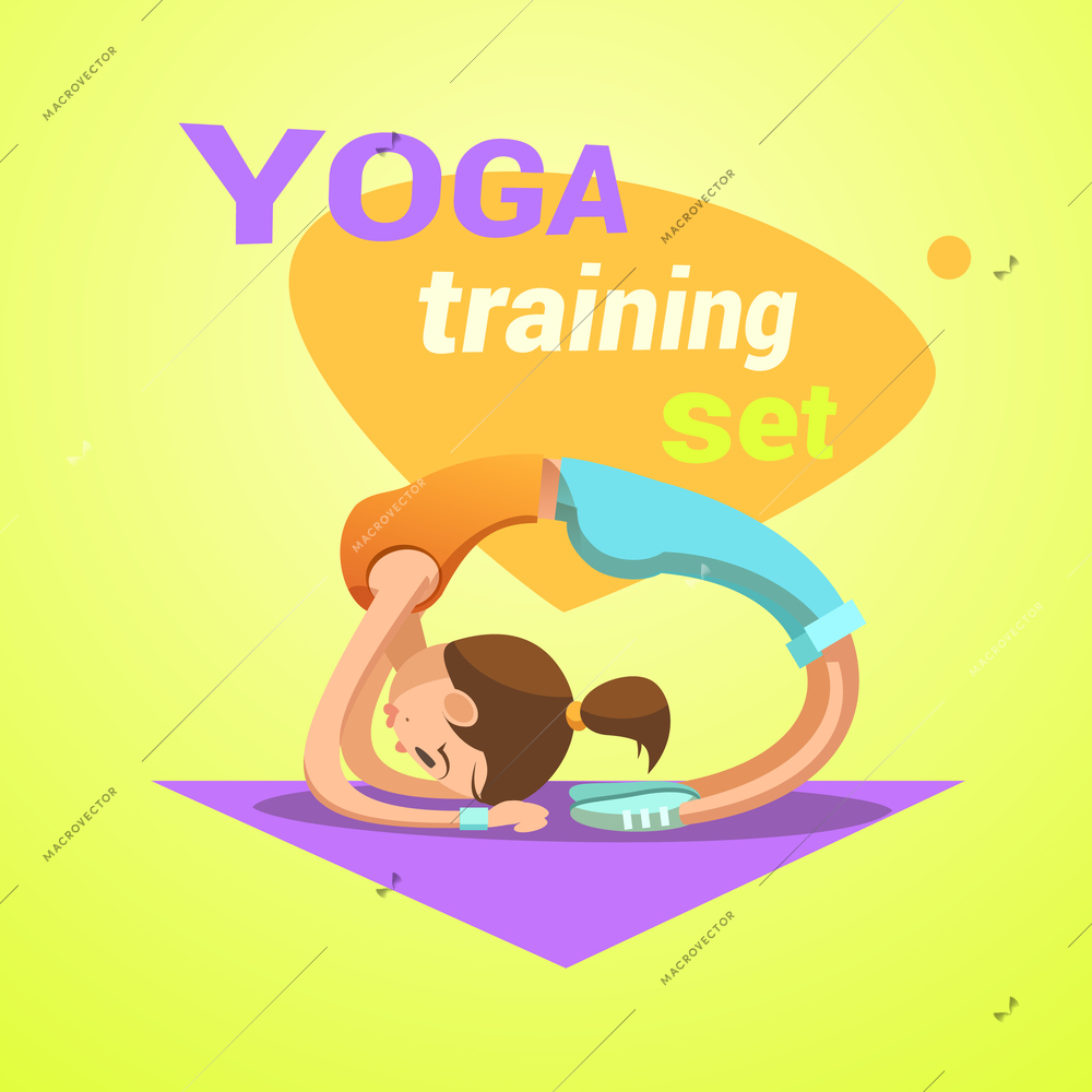 Yoga retro cartoon with young pretty girl practicing stretching workout vector illustration