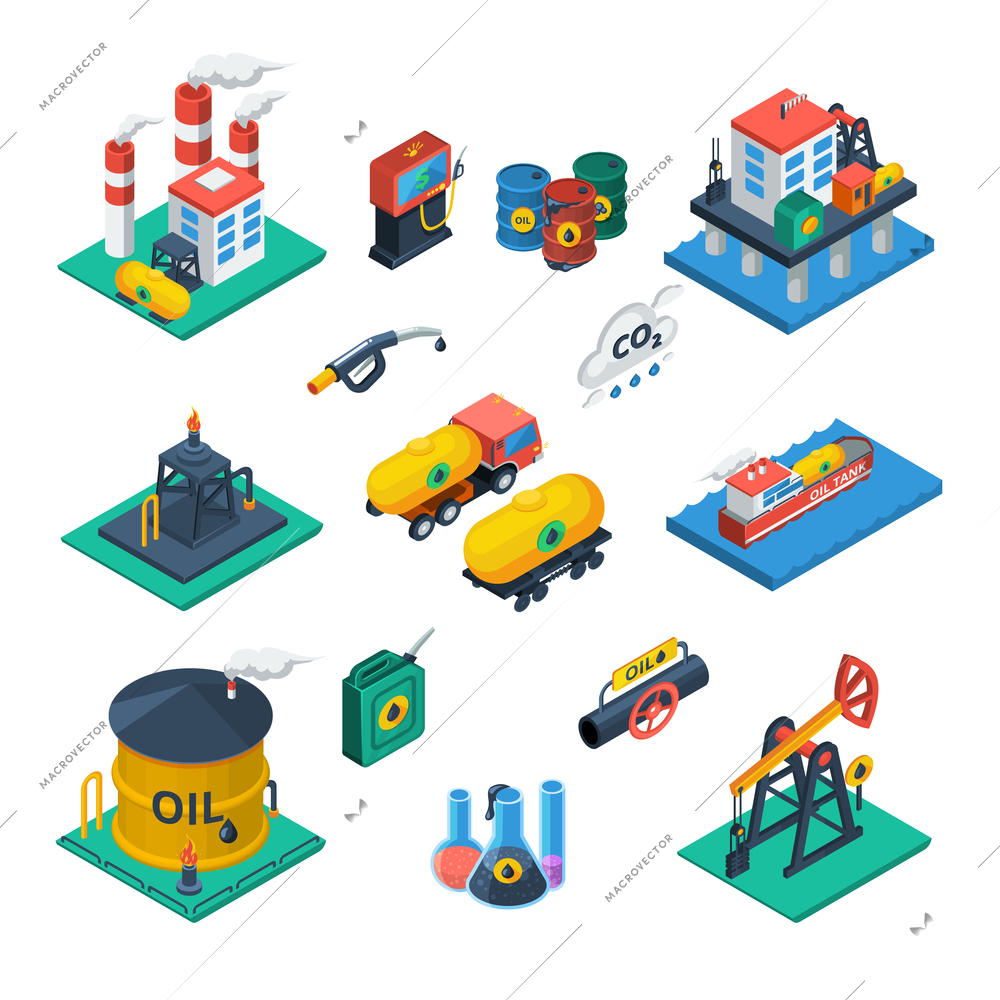 Oil production and distribution industry constructions isometric icons collection with refinery reservoir tank abstract vector isolated illustration