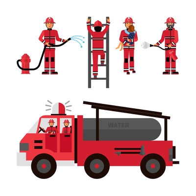 Firefighter flat color icons set on white background with firetruck and fireman brigade isolated vector illustration