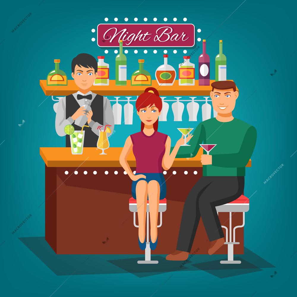 Night bar flat shadow design concept with barman behind bar girl and young man with wineglasses vector illustration