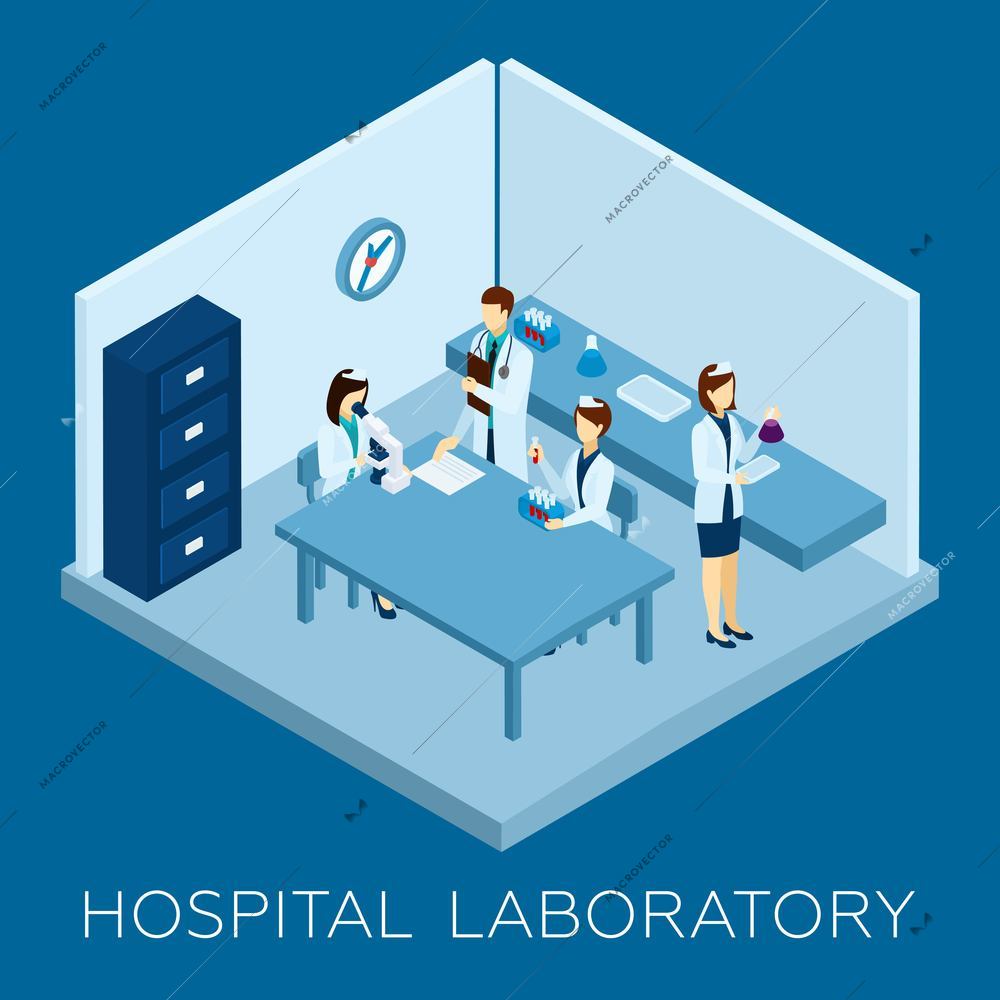 Hospital laboratory concept with isometric doctor and medical personnel silhouettes vector illustration